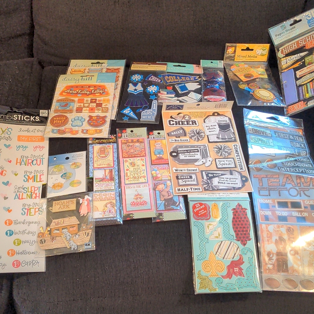 LOT of unopened stickers, school, cats, baby, birthday, chipboards.